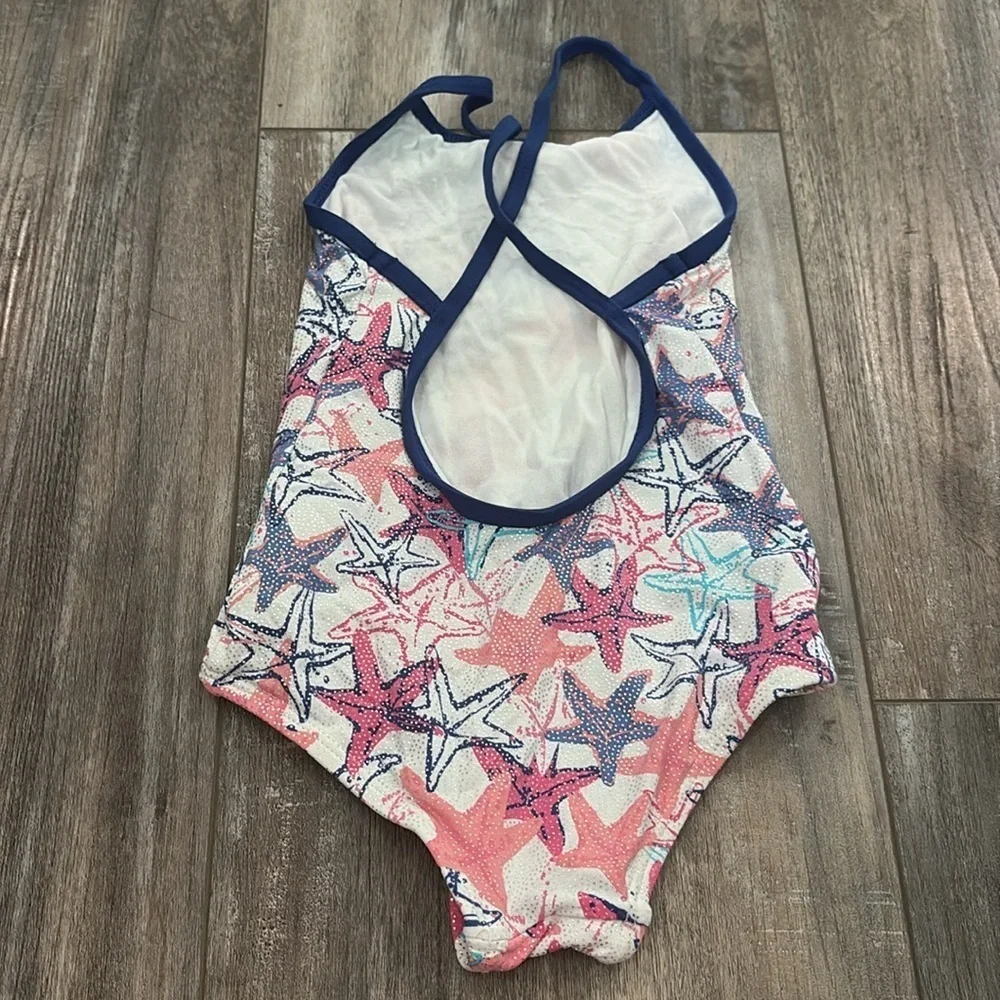 Hatley one piece blue and pink metallic sea stars swimsuit, crisscross back 3t